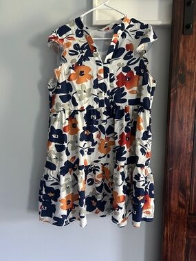 Floral Tiered V-Neck Sleeveless Dress - Navy, Orange, Cream
